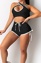Black Casual Halter Neck Backless Hollow Out Strapless Shorts Sports Two-Piece DR88114-3