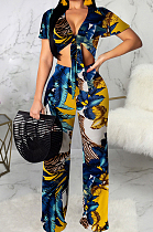 Blue Fashion Digital Printing Short Sleeve V Neck Bandage Crop Top High Waist Shift Pants Two-Piece SMR10506-3