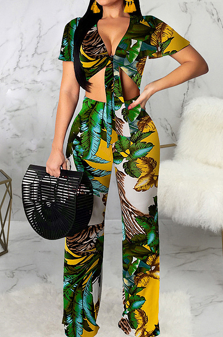 Green Fashion Digital Printing Short Sleeve V Neck Bandage Crop Top High Waist Shift Pants Two-Piece SMR10506-1
