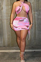 Newest Cross Neck Print Backless Drawstring Sexy Crop Mini Dress FWB132