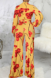 Yellow Digital Printing Long Sleeve Round Collar Zip Back Collcet Waist Bandage Wide Leg Jumpsuits SMR10492 