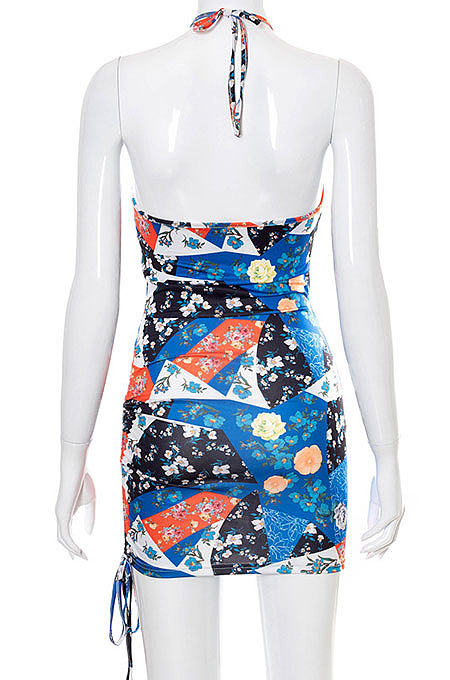 Newest Cross Neck Print Backless Drawstring Sexy Crop Mini Dress FWB132