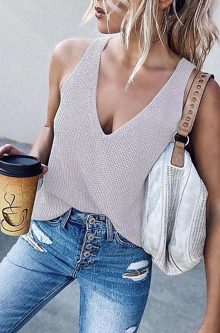 Gray Fashion Women Sleeveless V Neck Loose Solid Colur Tanks MDO6033-4
