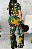 Blue Fashion Digital Printing Short Sleeve V Neck Bandage Crop Top High Waist Shift Pants Two-Piece SMR10506-3