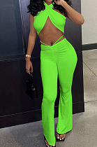 Green Night Club Solid Color Halter Neck Backless Strapless Ruffle Mid Waist Shift Pants Two-Piece DR8106-2