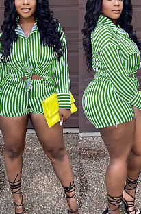Green Fashion Stripe Long Sleeve Lapel Neck Single-Breasted Shirt Shorts Two-Piece QQ5258-1