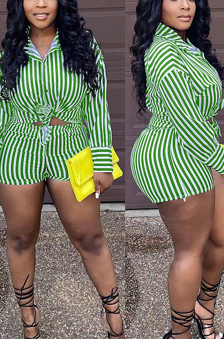 Green Fashion Stripe Long Sleeve Lapel Neck Single-Breasted Shirt Shorts Two-Piece QQ5258-1