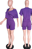 Gray Cotton Blend Casual Short Sleeve Stand Neck Zipper Top High Waist Shorts Solid Color Two-Piece QQ5182-4