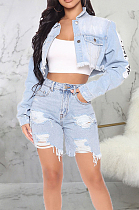 Blue Cute Letter Printing Lapel Neck Button Front With Pocket Jean Short Coat SMR10418 