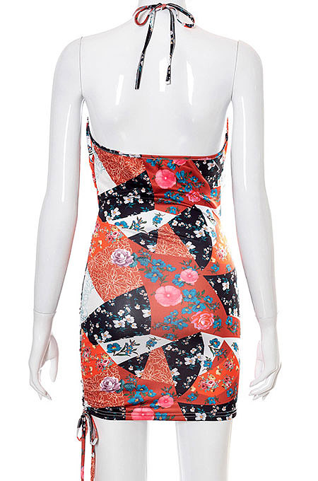 Newest Cross Neck Print Backless Drawstring Sexy Crop Mini Dress FWB132