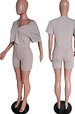Purple Cotton Blend Casual Short Sleeve Stand Neck Zipper Top High Waist Shorts Solid Color Two-Piece QQ5182-8