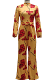 Yellow Digital Printing Long Sleeve Round Collar Zip Back Collcet Waist Bandage Wide Leg Jumpsuits SMR10492 