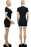 Blue Casual Ribber Short Sleeve Lapel Neck Zipper Slim Fitting Hip Mini Dress DR88112-3