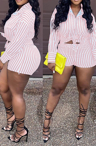 Green Fashion Stripe Long Sleeve Lapel Neck Single-Breasted Shirt Shorts Two-Piece QQ5258-1