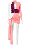 Euramerican Women Contrast Color Spliced Round Neck Hollow Out Tied Irregular Mini Dress FWB278