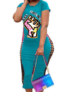 Blue Wholesale Print Slim Short Sleeves Hollow Out Sexy Midi Dress SDE2642-3