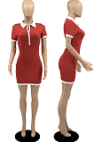 Black Casual Ribber Short Sleeve Lapel Neck Zipper Slim Fitting Hip Mini Dress DR88112-2