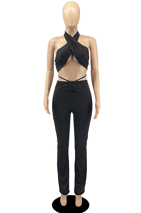 White Night Club Solid Color Halter Neck Backless Strapless Ruffle Mid Waist Shift Pants Two-Piece DR8106-1