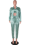 Peacock Blue Euramerican Women Satin High Elastic Ruffle Strapless Drawsting Carrot Pants+Lapel Neck Long Sleeve Shirts Coat Casual Three-Piece SZS8166-1