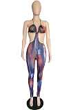 Dark Blue Summer Sexy Condole Belt Printing Backless Strapless Hollow Out Bodycon Jumpsuits P8742-2