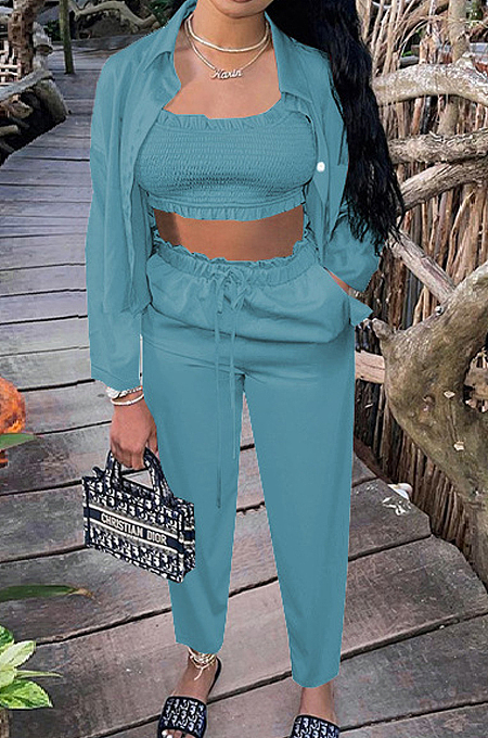 Peacock Blue Euramerican Women Satin High Elastic Ruffle Strapless Drawsting Carrot Pants+Lapel Neck Long Sleeve Shirts Coat Casual Three-Piece SZS8166-1