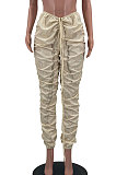 Army Green Women Pure Color Ruffle Drawsting Sport Casual Long Pants AYA7027-2
