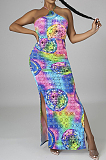 Blue Red Sexy Printing Backless Cross Condole Belt Strapless Slim Fitting Long Dress P8725
