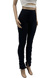 Black Women Pure Color Ruffle Tiny Flared Split Casual Long Pants AD0703-1