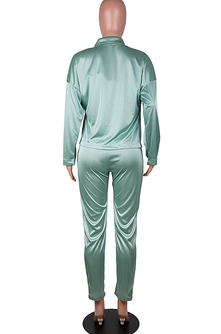 Light Cyan Euramerican Women Satin High Elastic Ruffle Strapless Drawsting Carrot Pants+Lapel Neck Long Sleeve Shirts Coat Casual Three-Piece SZS8166-5