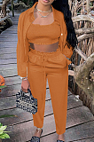 Yellow Euramerican Women Satin High Elastic Ruffle Strapless Drawsting Carrot Pants+Lapel Neck Long Sleeve Shirts Coat Casual Three-Piece SZS8166-4