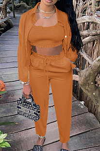 Orange Euramerican Women Satin High Elastic Ruffle Strapless Drawsting Carrot Pants+Lapel Neck Long Sleeve Shirts Coat Casual Three-Piece SZS8166-3