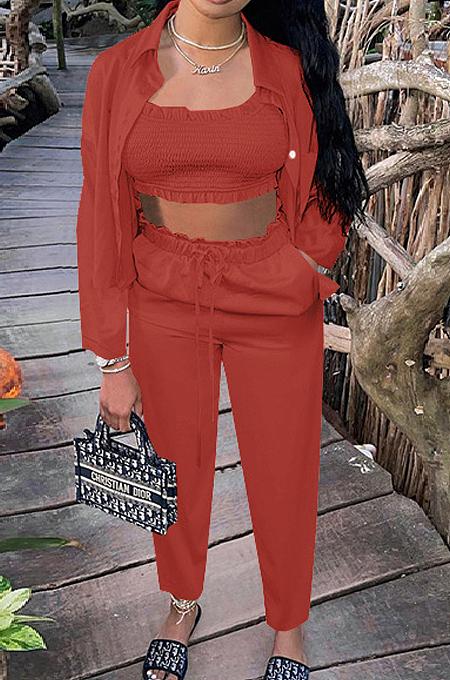 Light Cyan Euramerican Women Satin High Elastic Ruffle Strapless Drawsting Carrot Pants+Lapel Neck Long Sleeve Shirts Coat Casual Three-Piece SZS8166-5