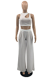 Blue Summer Sleeleless O Collar Hollow Out Crop Top Wide Leg Pants Solid Color Two-Piece PQ8056-4