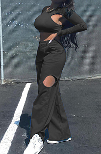 Black Casual Pure Color Hollow Out Long Sleeve Round Neck Crop Blouse High Waist Zippet Wide Leg Pants Two-Piece PQ8057-2