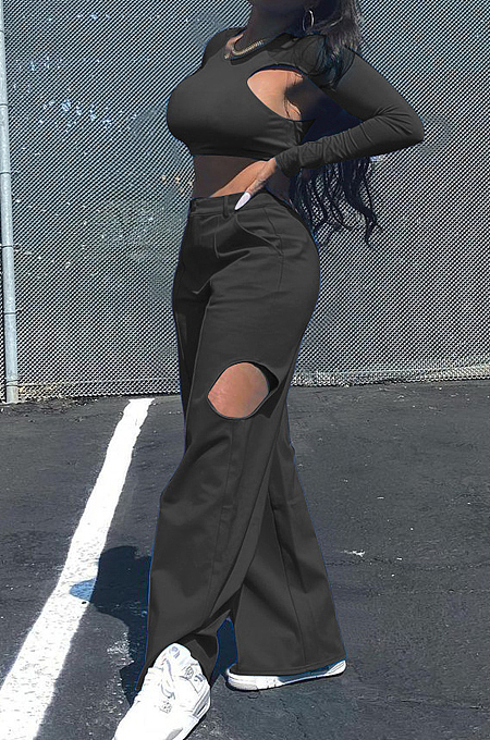 Black Casual Pure Color Hollow Out Long Sleeve Round Neck Crop Blouse High Waist Zippet Wide Leg Pants Two-Piece PQ8057-2