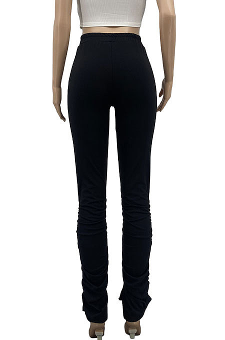 Black Women Pure Color Ruffle Tiny Flared Split Casual Long Pants AD0703-1