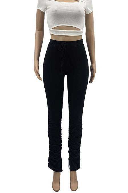 Black Women Pure Color Ruffle Tiny Flared Split Casual Long Pants AD0703-1