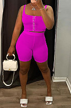 Rose Red Solid Color Bodycon Simplee Condole Belt  Shorts Sets BE8045-3