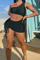 Dark Green Women Solid Color Shirred Detail One Shoulder Crop Mini Dress ED8504-3