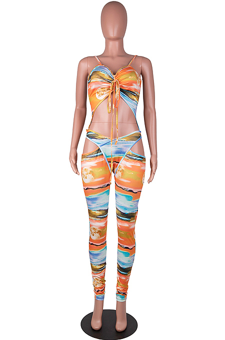 Orange Women Digital Print Condole Belt Strapless Hollow Out Drawsting Bodycon Jumpsuits SZS8155-1