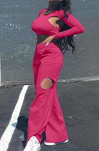 Rose Red Casual Pure Color Hollow Out Long Sleeve Round Neck Crop Blouse High Waist Zippet Wide Leg Pants Two-Piece PQ8057-1