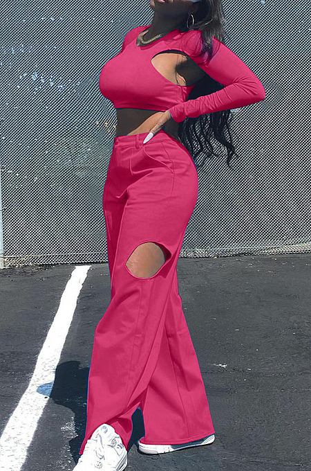 Rose Red Casual Pure Color Hollow Out Long Sleeve Round Neck Crop Blouse High Waist Zippet Wide Leg Pants Two-Piece PQ8057-1