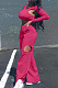 Rose Red Casual Pure Color Hollow Out Long Sleeve Round Neck Crop Blouse High Waist Zippet Wide Leg Pants Two-Piece PQ8057-1