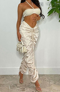 Apricot White Women Pure Color Ruffle Drawsting Sport Casual Long Pants AYA7027-1