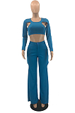 Rose Red Casual Pure Color Hollow Out Long Sleeve Round Neck Crop Blouse High Waist Zippet Wide Leg Pants Two-Piece PQ8057-1