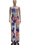 Blue Green Women Trendy Printing Tie Dye Condole Belt Loose Casual Jumpsuits AMN8019-3