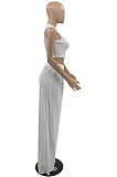 Blue Summer Sleeleless O Collar Hollow Out Crop Top Wide Leg Pants Solid Color Two-Piece PQ8056-4