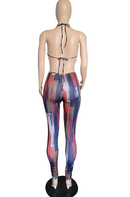 Dark Blue Summer Sexy Condole Belt Printing Backless Strapless Hollow Out Bodycon Jumpsuits P8742-2