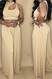 Khaki Summer Sleeleless O Collar Hollow Out Crop Top Wide Leg Pants Solid Color Two-Piece PQ8056-1