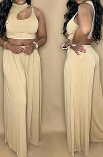 Khaki Summer Sleeleless O Collar Hollow Out Crop Top Wide Leg Pants Solid Color Two-Piece PQ8056-1